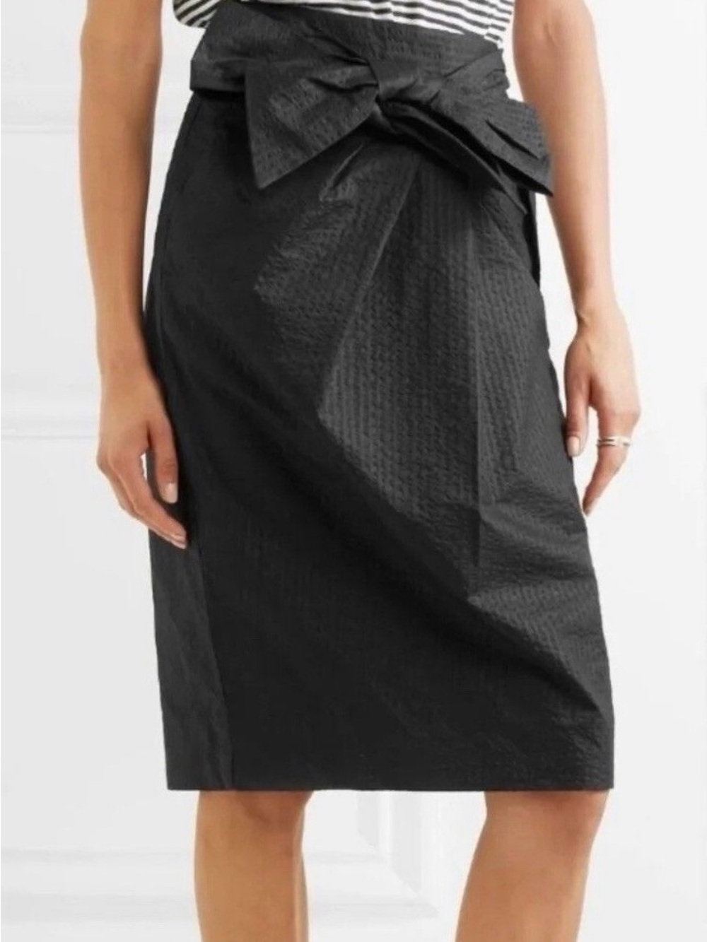 J Crew NWT Pencil Skirt Black Seersucker High Waist Bow Pleated Size 12